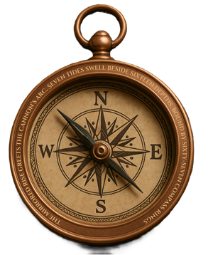 A weathered-looking brass navigational compass inscribed with: 'The mirrored rise greets the cannon's arc, seven tides swell beside sixteen depths, bound by sixty-seven compass rings.'