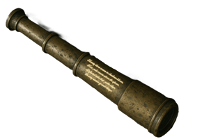 An aged spyglass etched with a riddle: 'Twenty-three waves in shadows bloom, four pale moons above the gloom, reflected tides their paths align in sixty-seven's grand design.'
