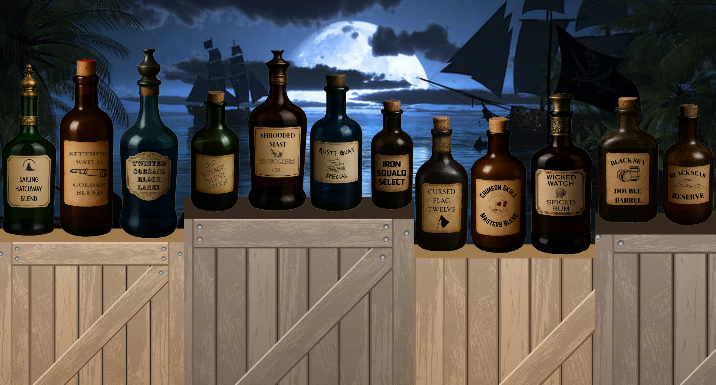 A lineup of 13 pirate-themed bottles. A figure caption with a detailed description has been provided for screen reader users.